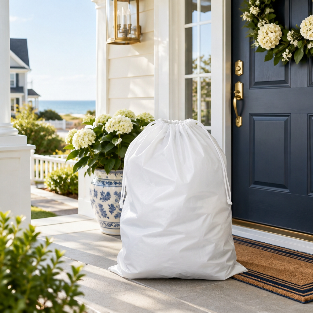Laundry bag waiting at a front door for pickup
