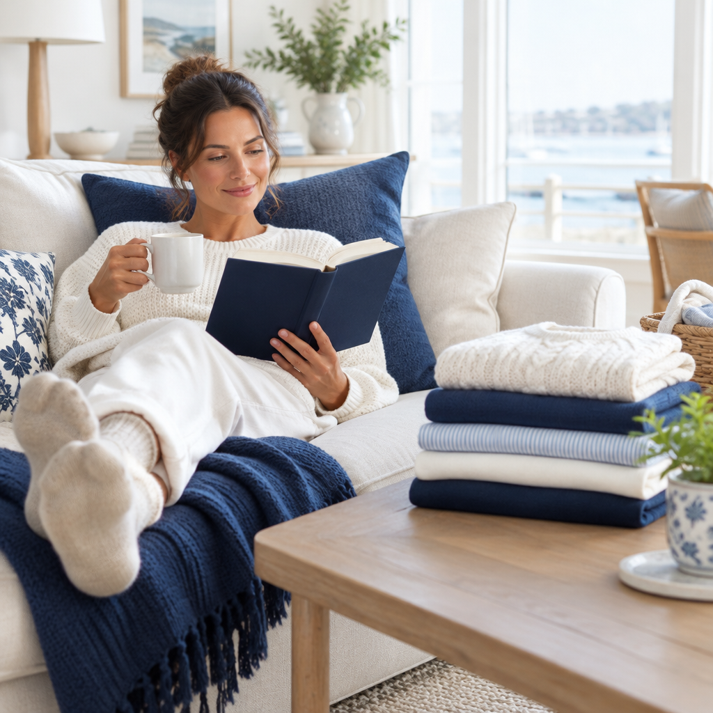 Customer relaxing while freshly folded laundry is returned